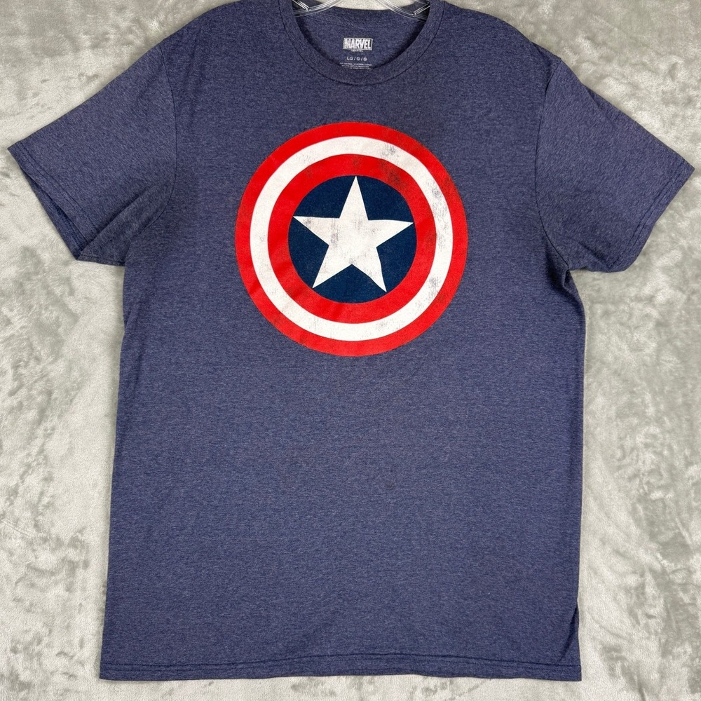 Marvel Mens Captain America Shield Graphic T-Shirt Heather Navy Blue Large L